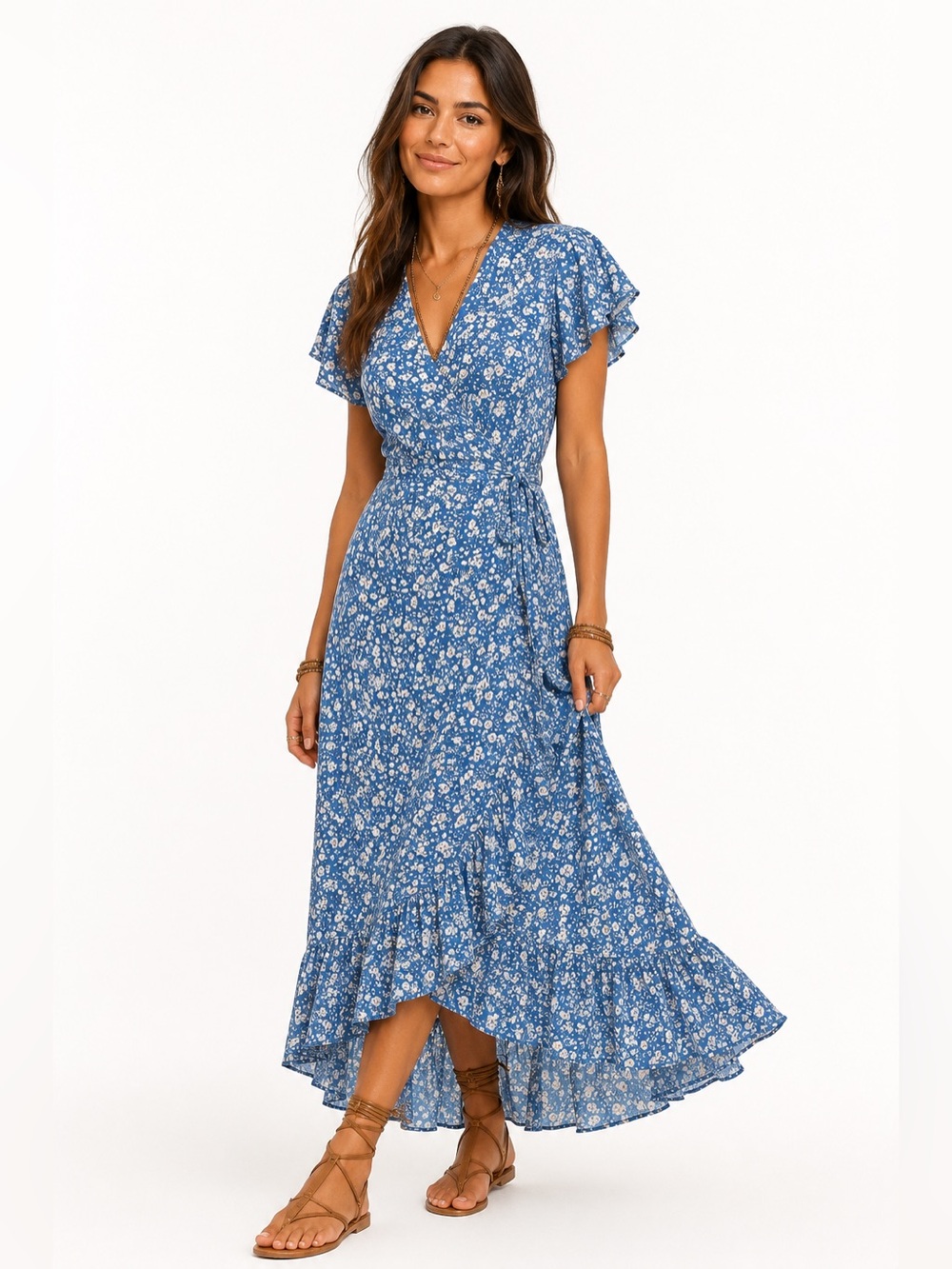 Zesica Blue Floral Wrap Maxi Dress Size Large Boho Cottagecore High Low Ruffle